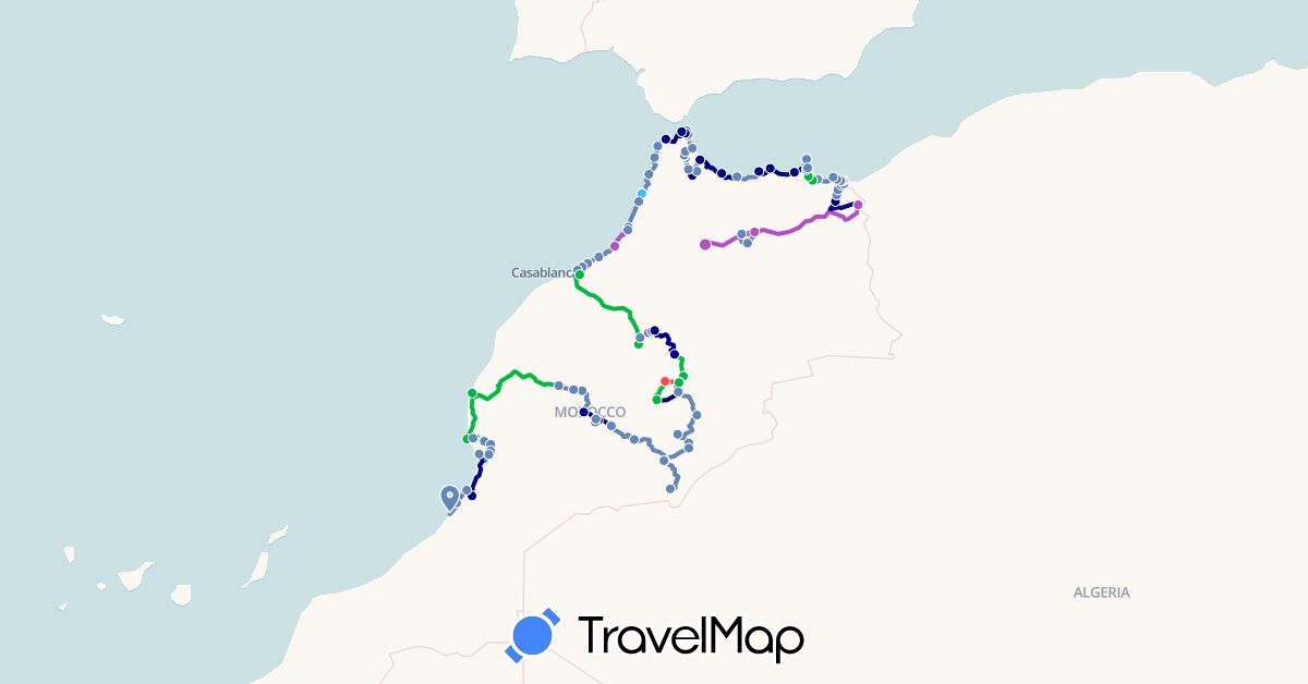 TravelMap itinerary: driving, bus, cycling, train, hiking, boat in Spain, Morocco (Africa, Europe)